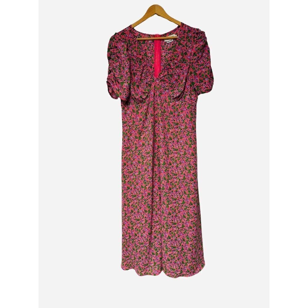 Lili Sidonio x Molly Bracken Floral Midi Dress LG Puff Sleeve Pink V-Neck